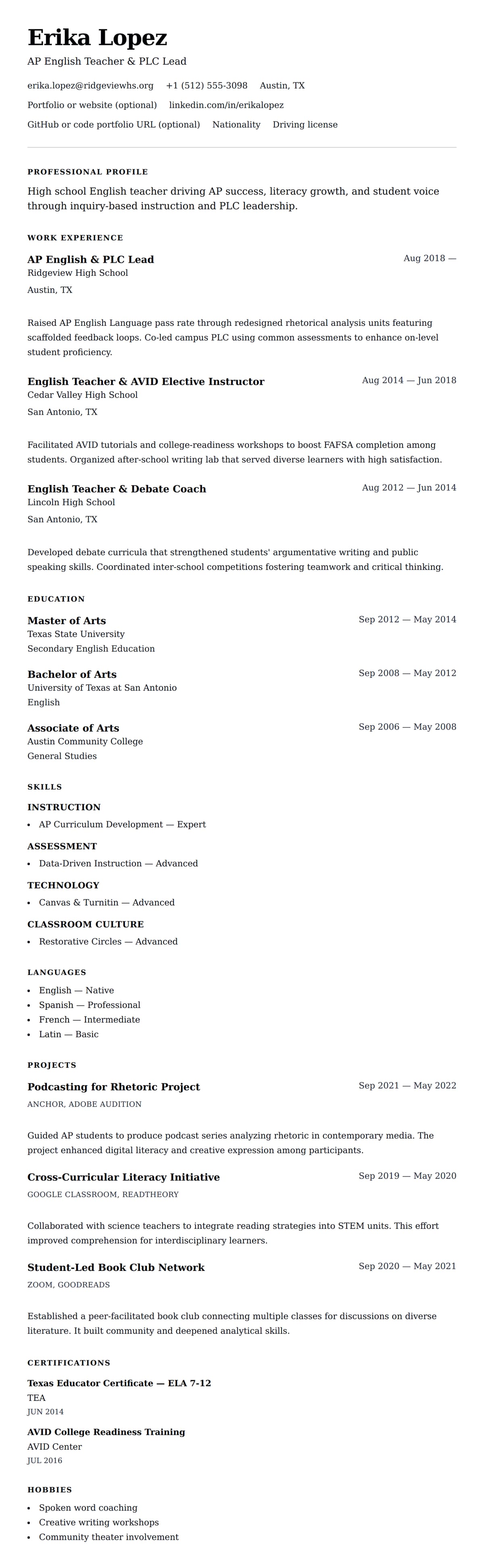 Resume preview for High School Teacher Resume Example