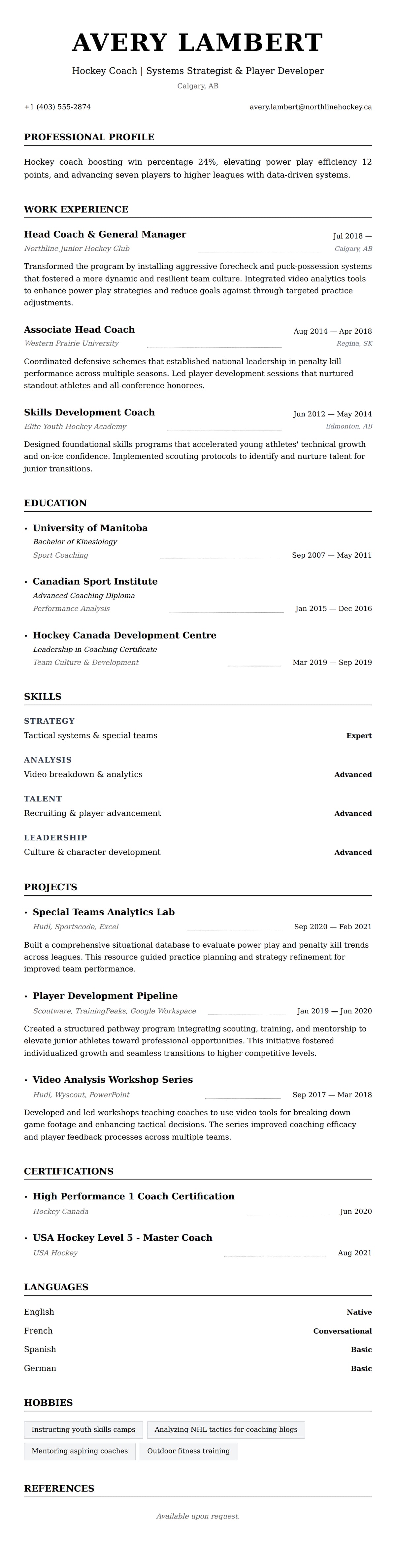 Resume preview for Hockey Coach Resume Example