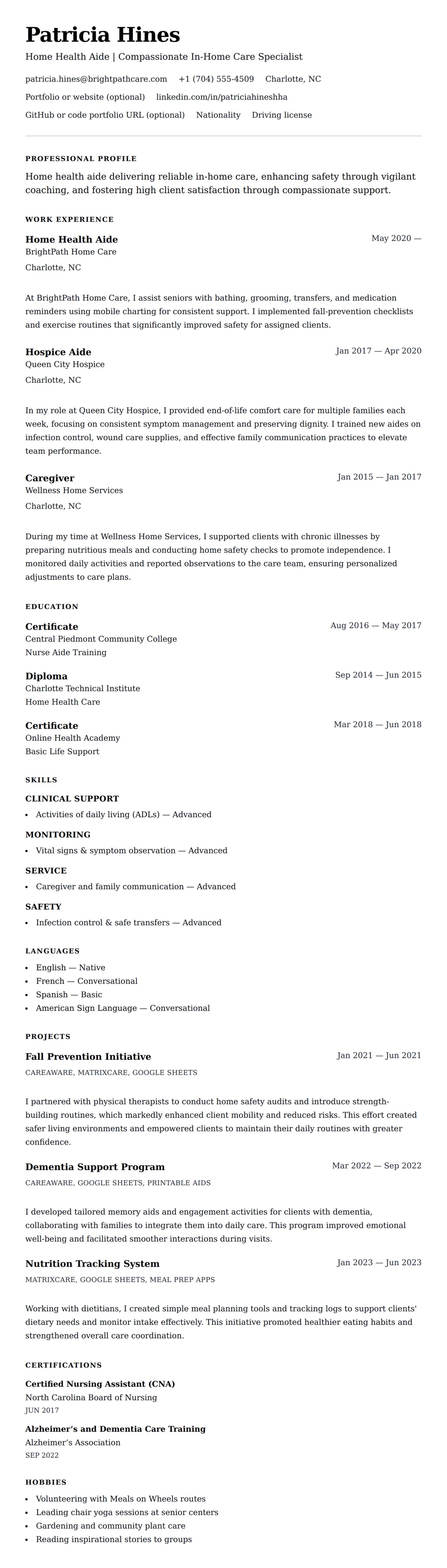 Resume preview for Home Health Aide Resume Example