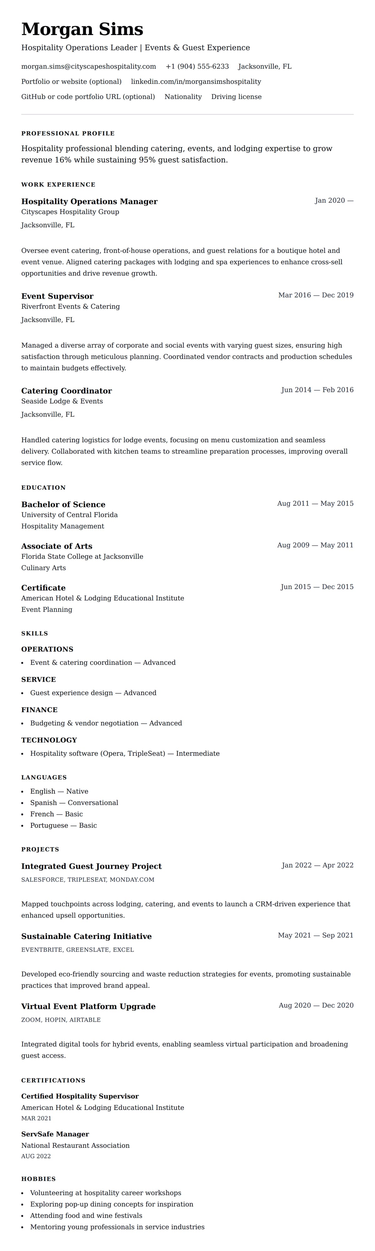 Resume preview for Hospitality and Catering Professional Resume Example