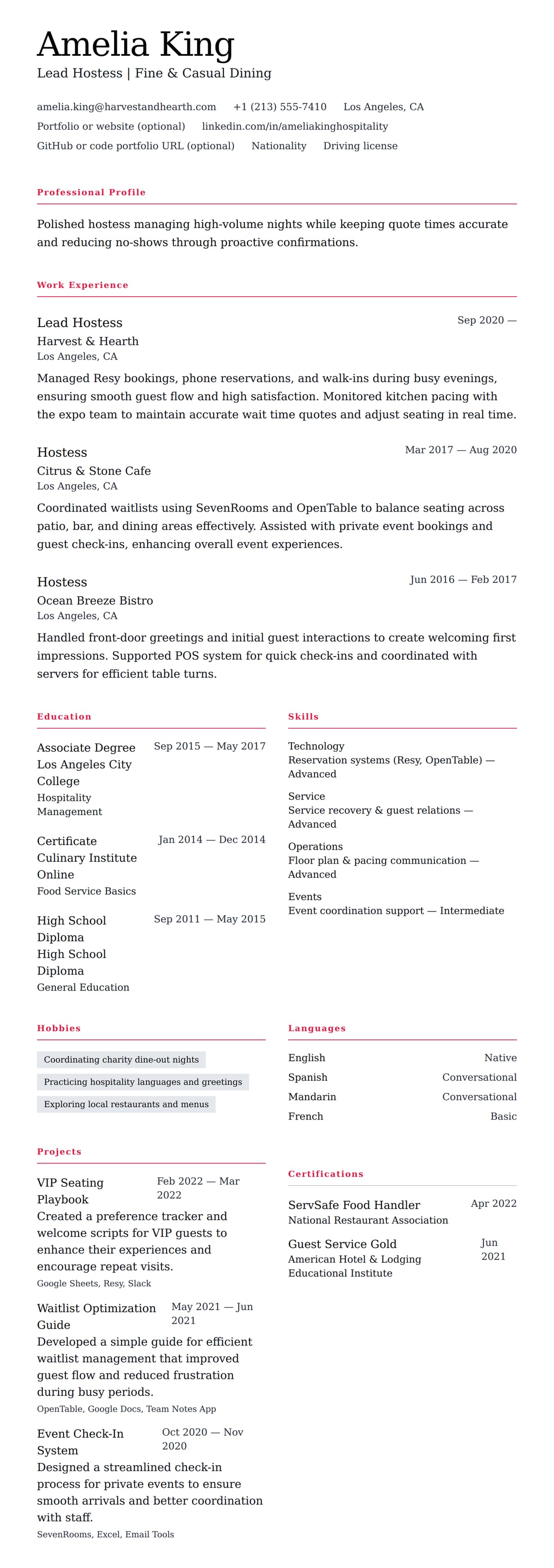 Resume preview for Hostess Resume Example