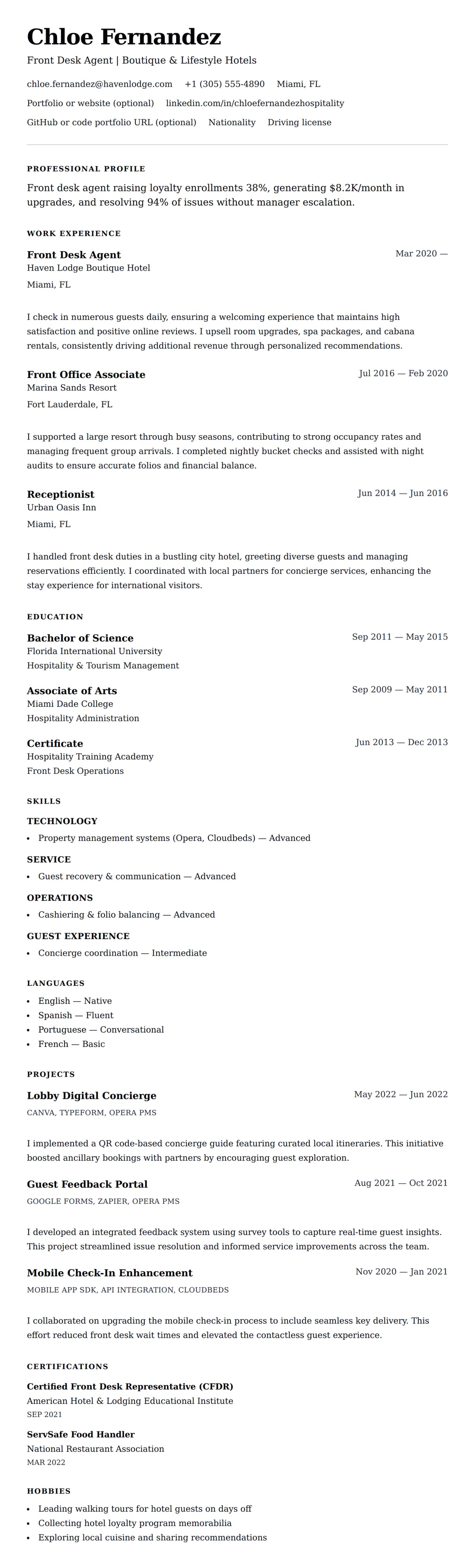 Resume preview for Hotel Front Desk Employee Resume Example