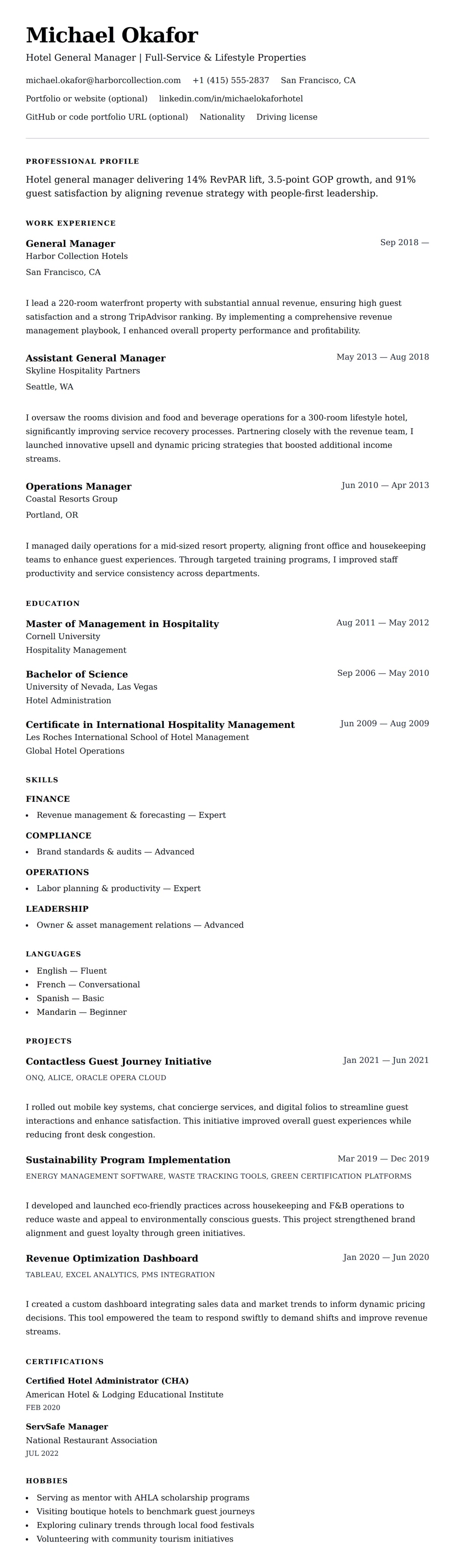 Resume preview for Hotel Management Resume Example
