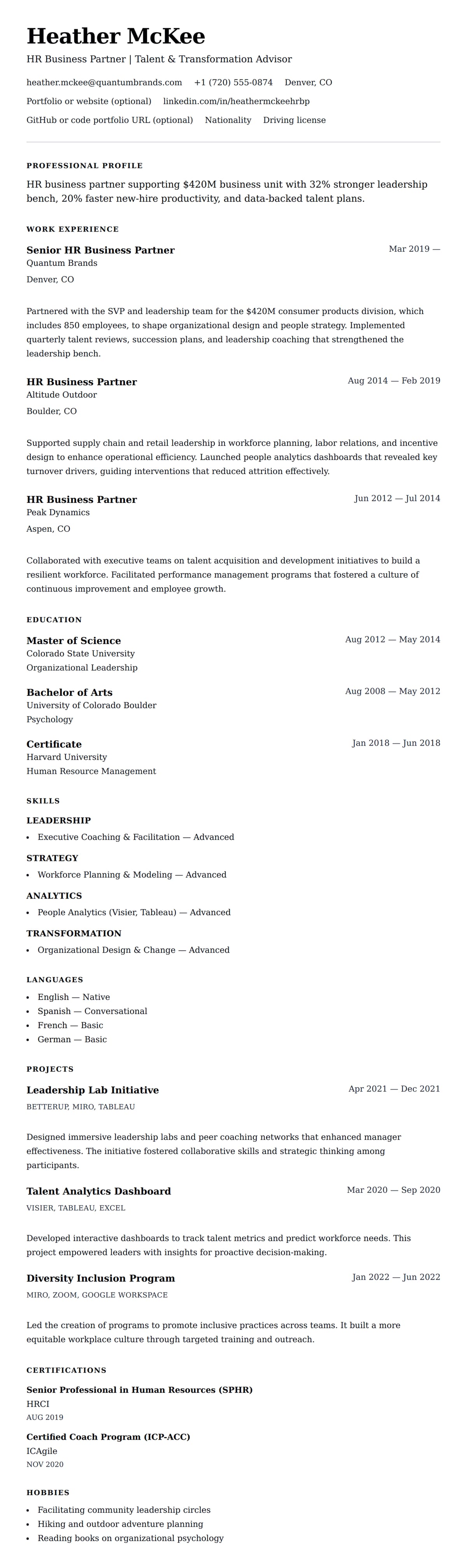 Resume preview for HR Business Partner Resume Example