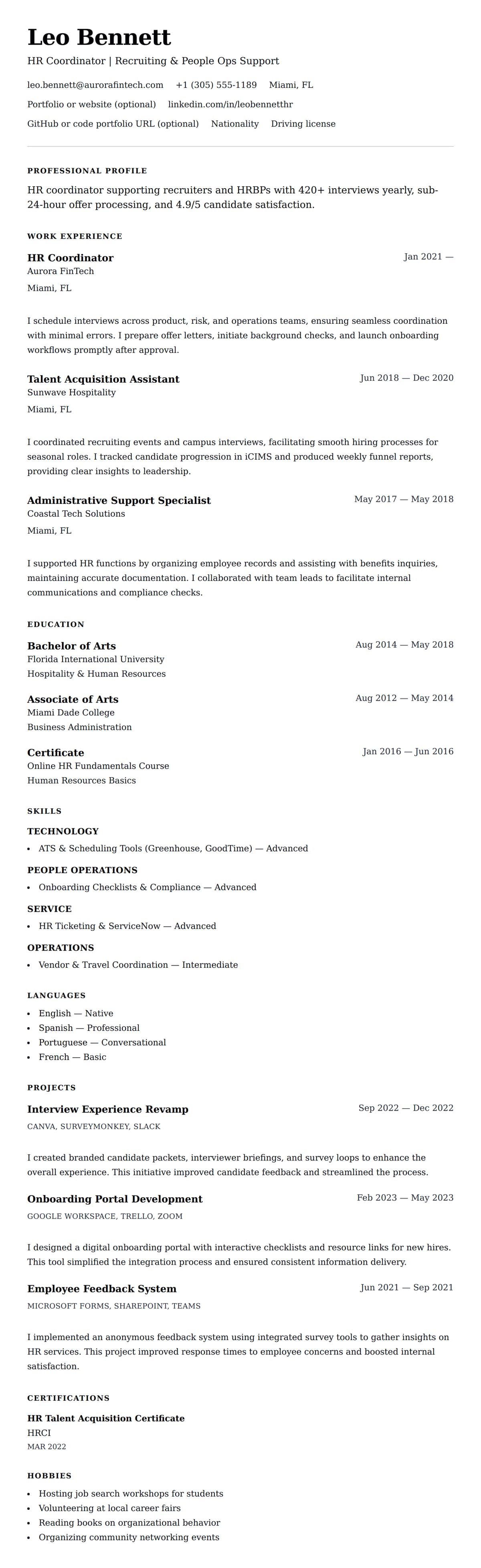 Resume preview for HR Coordinator Resume Example