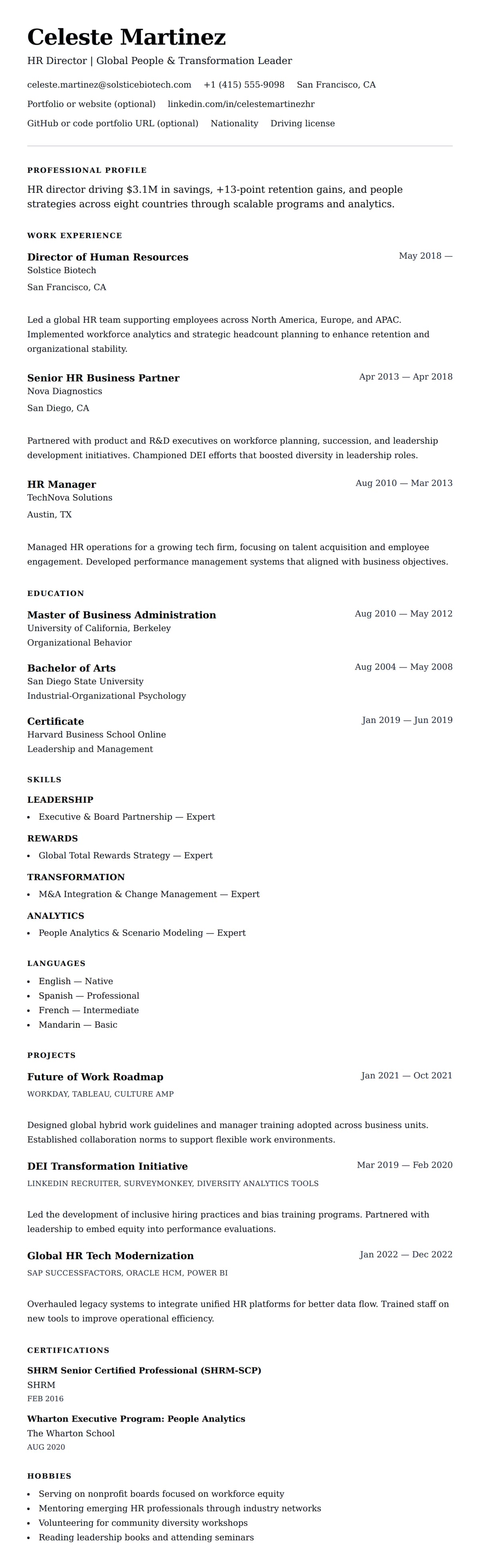 Resume preview for HR Director Resume Example
