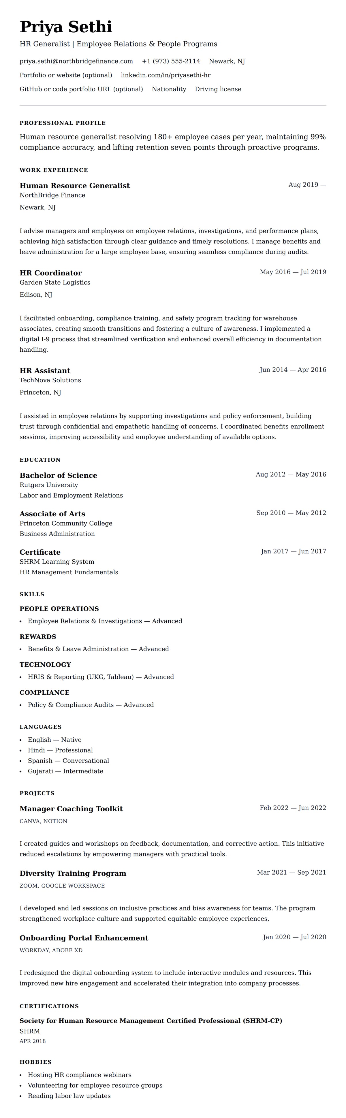 Resume preview for Human Resource Generalist Resume Example
