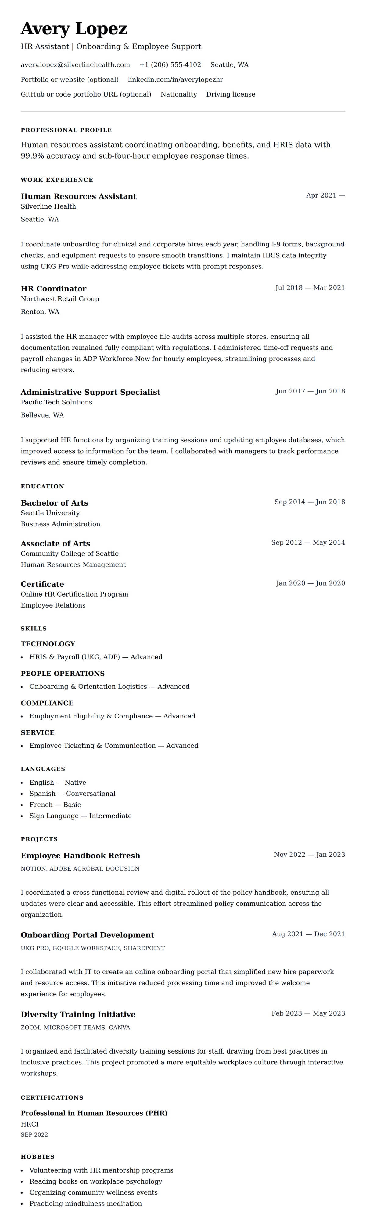 Resume preview for Human Resources Assistant Resume Example