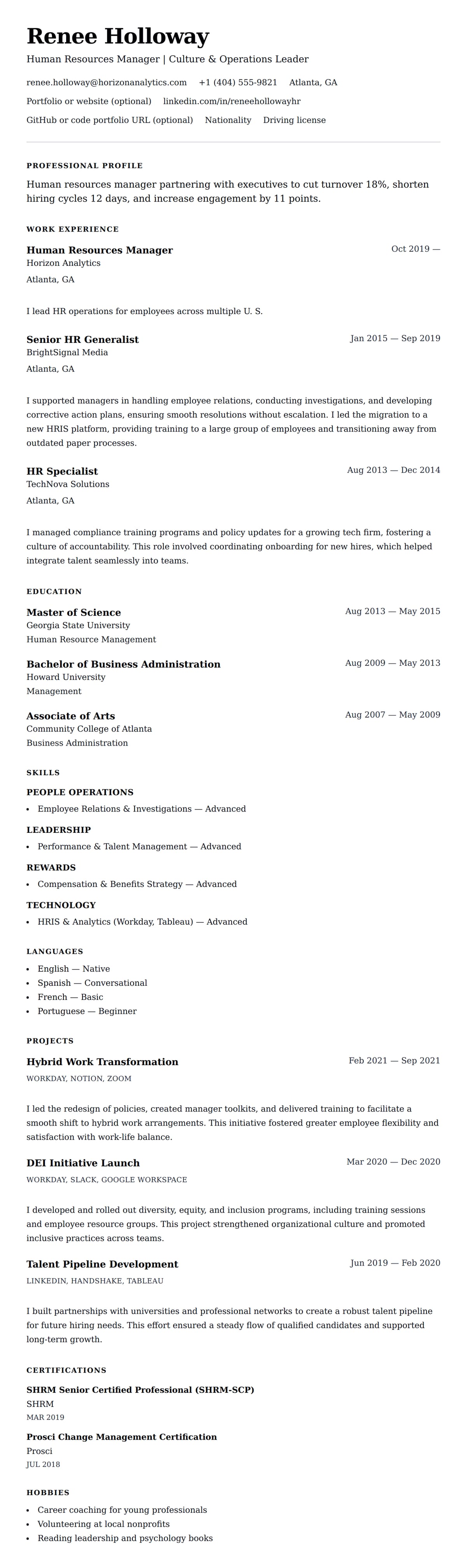 Resume preview for Human Resources Manager Resume Example