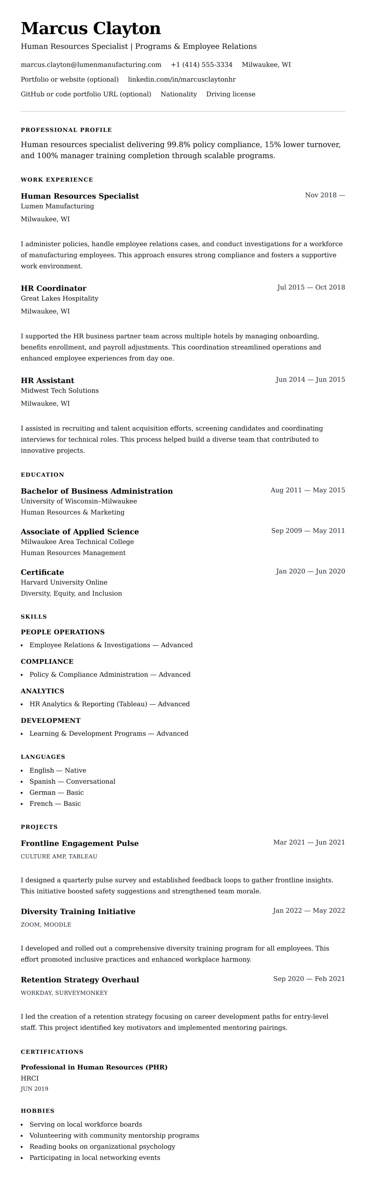 Resume preview for Human Resources Specialist Resume Example