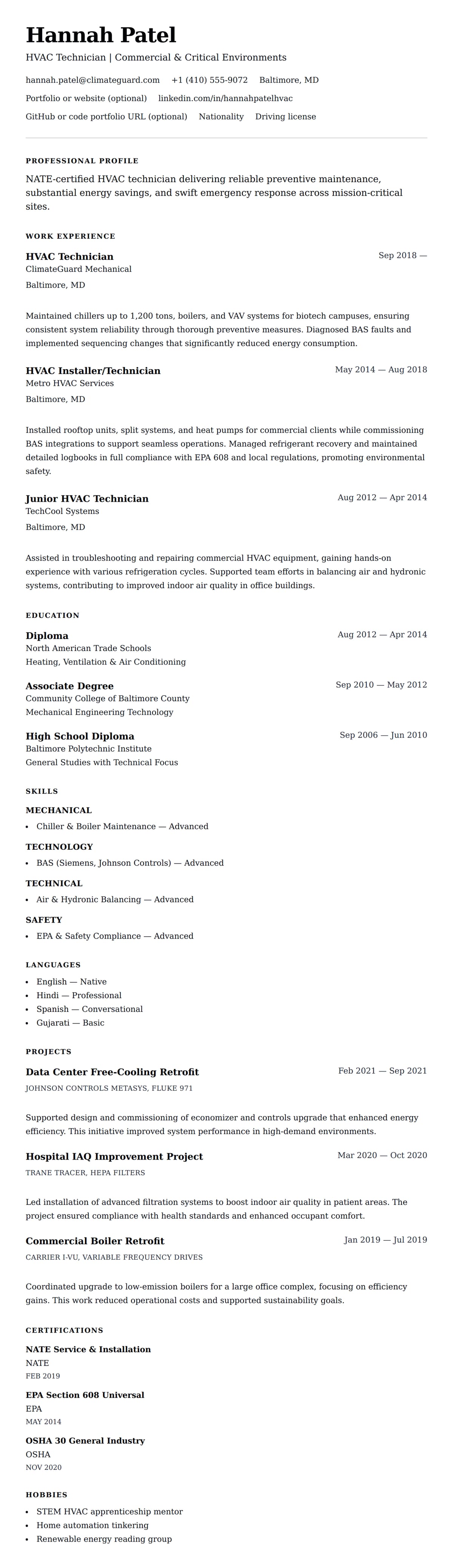 Resume preview for HVAC Technician Resume Example