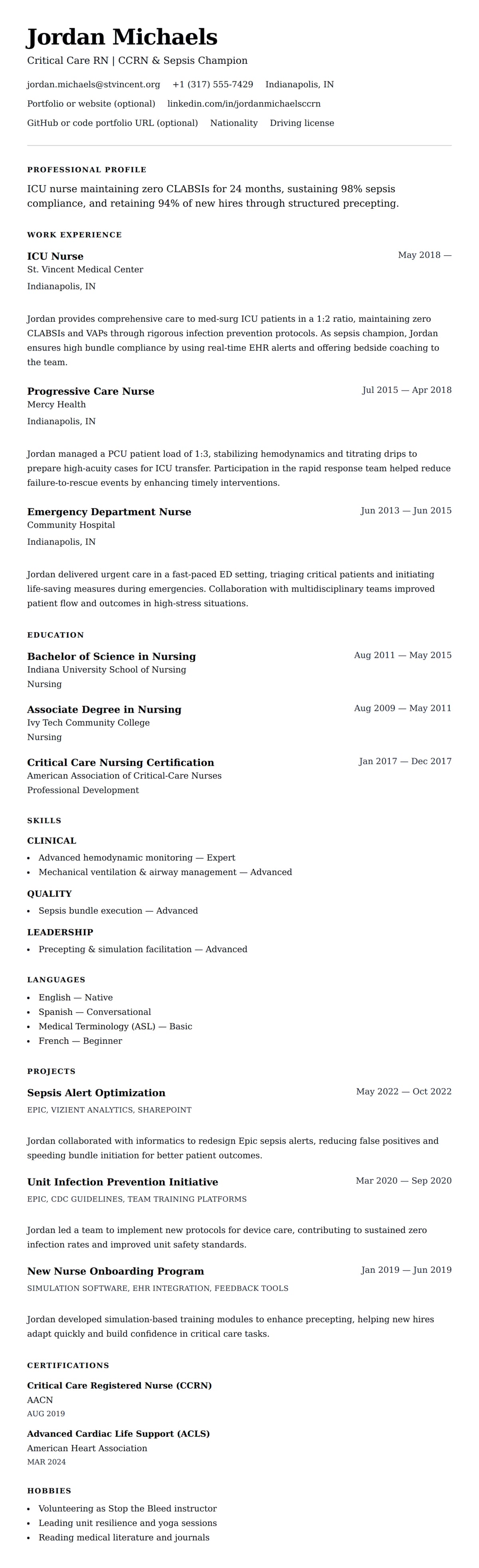 Resume preview for ICU Nurse Resume Example