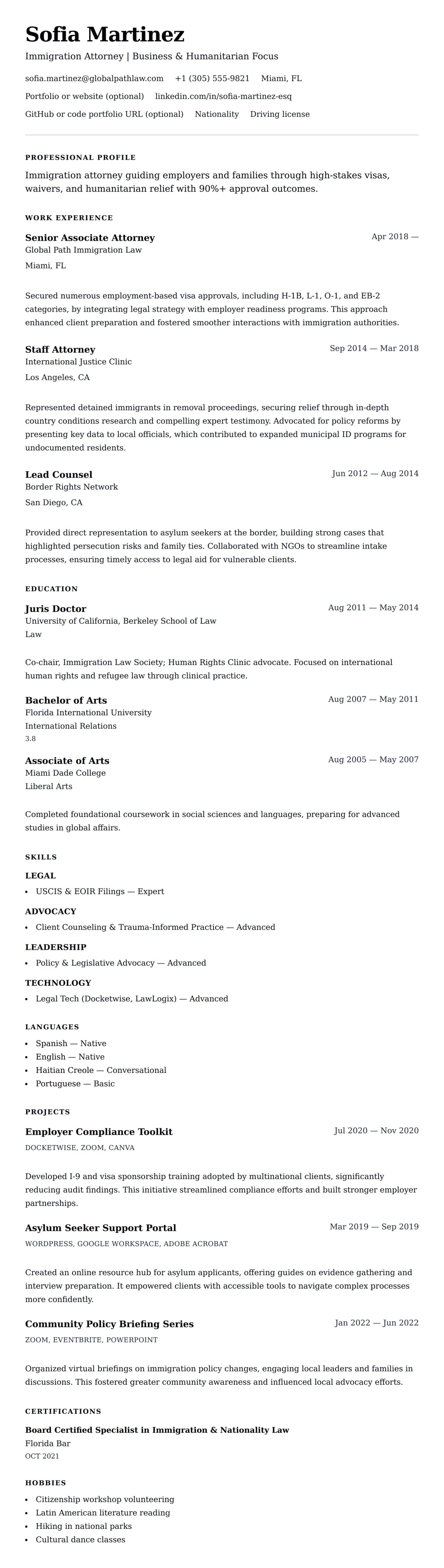 Resume preview for Immigration Lawyer Resume Example