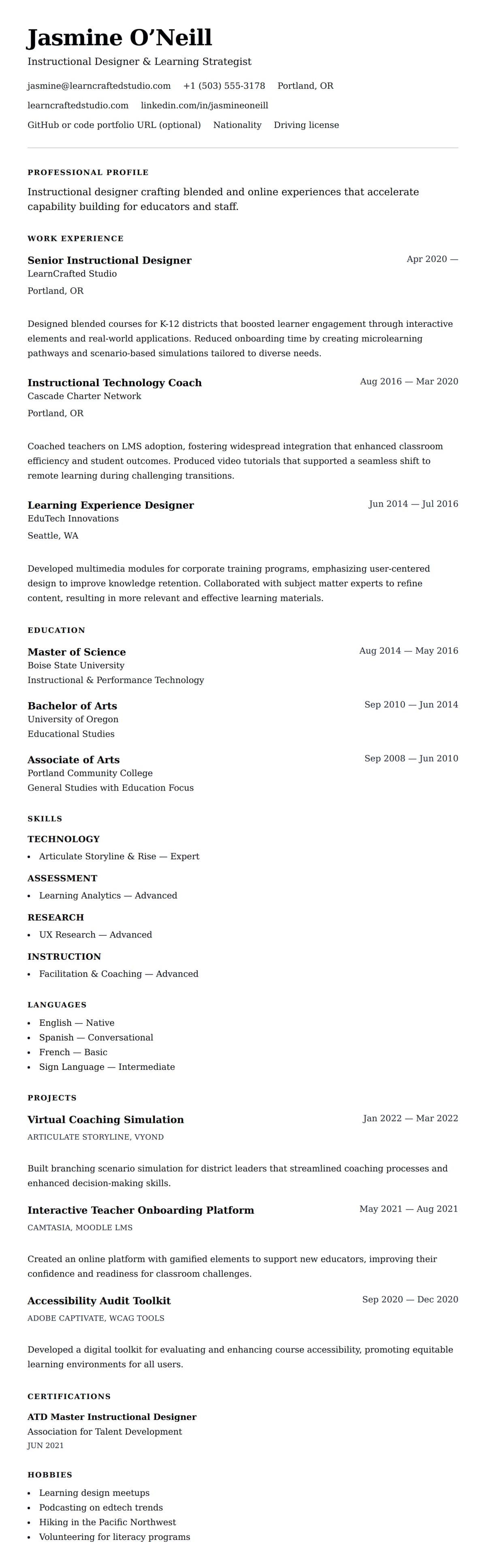 Resume preview for Instructional Designer Resume Example