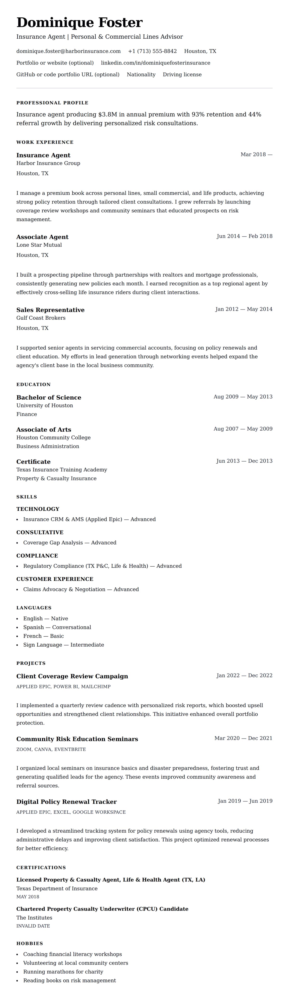 Resume preview for Insurance Agent Resume Example