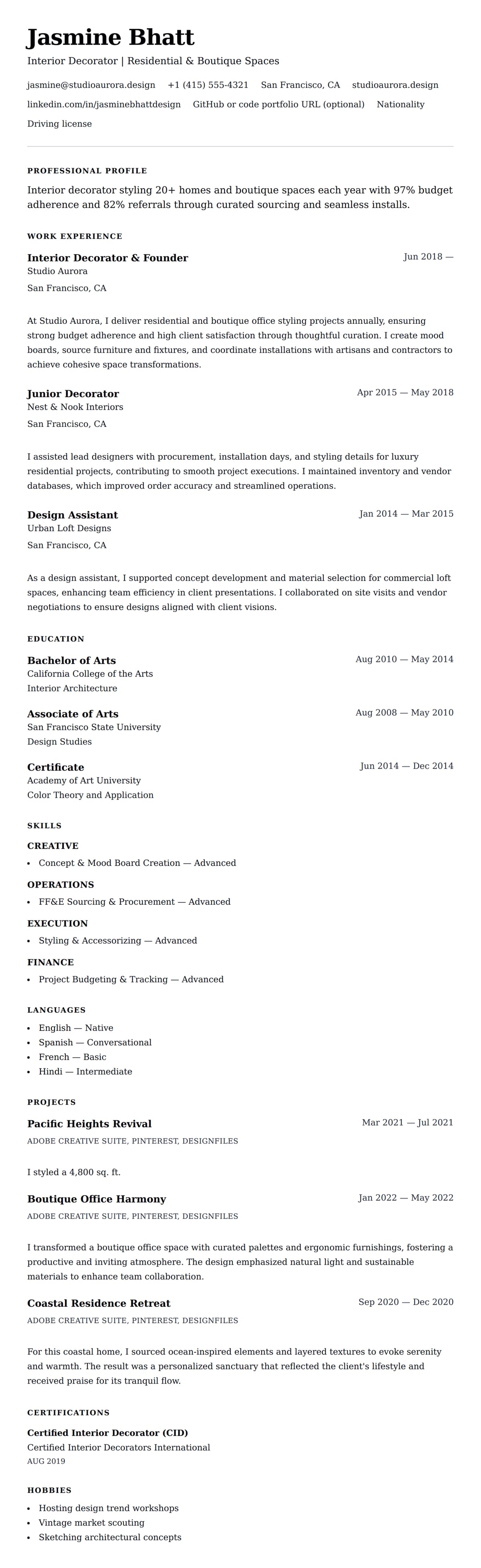 Resume preview for Interior Decorator Resume Example