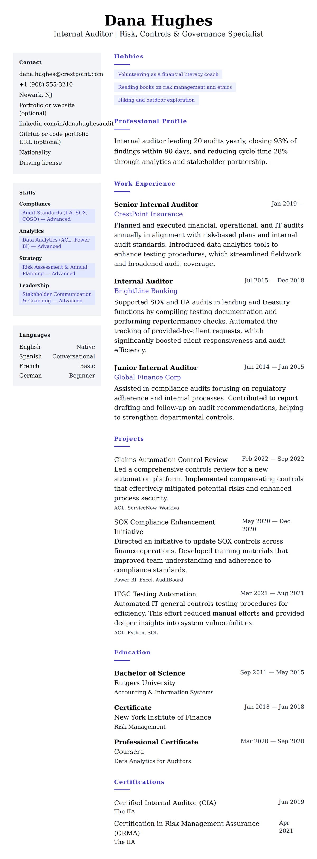 Resume preview for Internal Auditor Resume Example