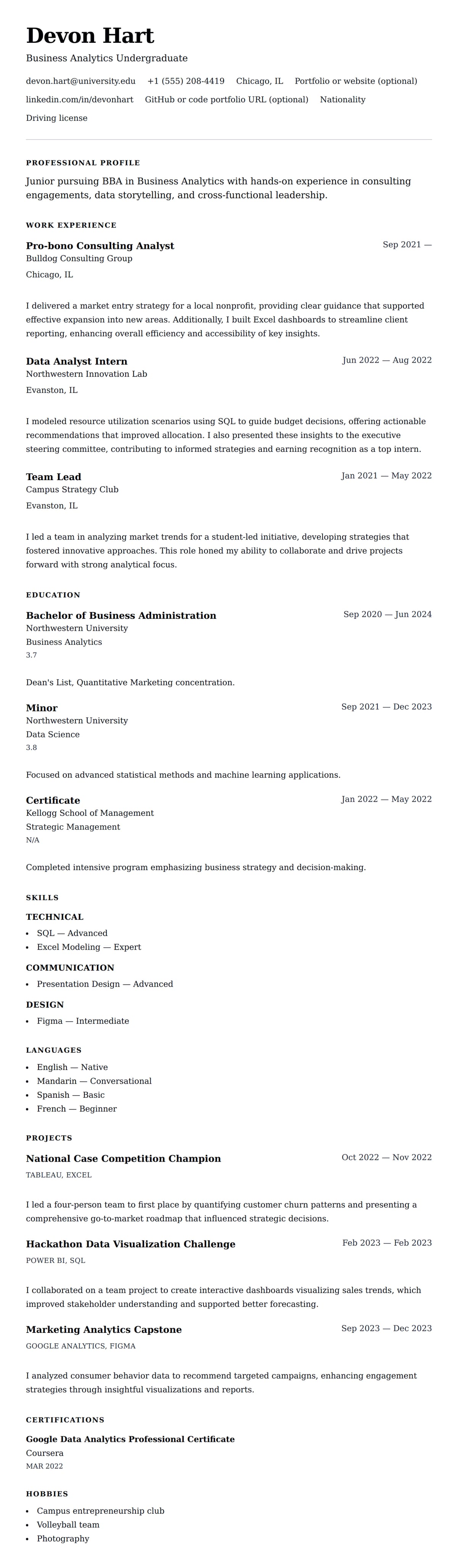 Resume preview for Internship Resume Example