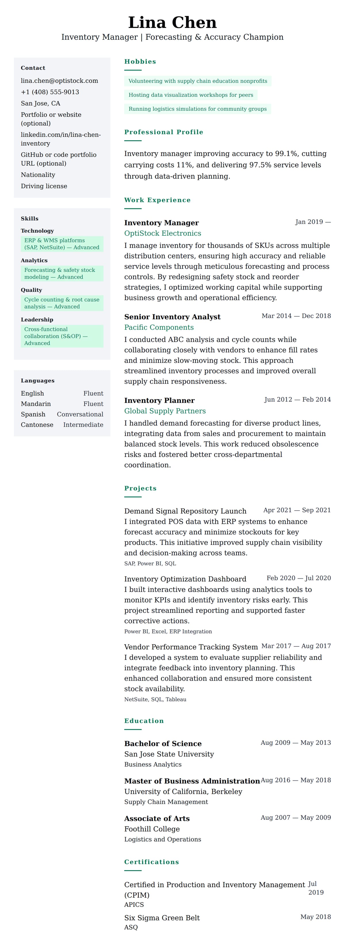 Resume preview for Inventory Manager Resume Example