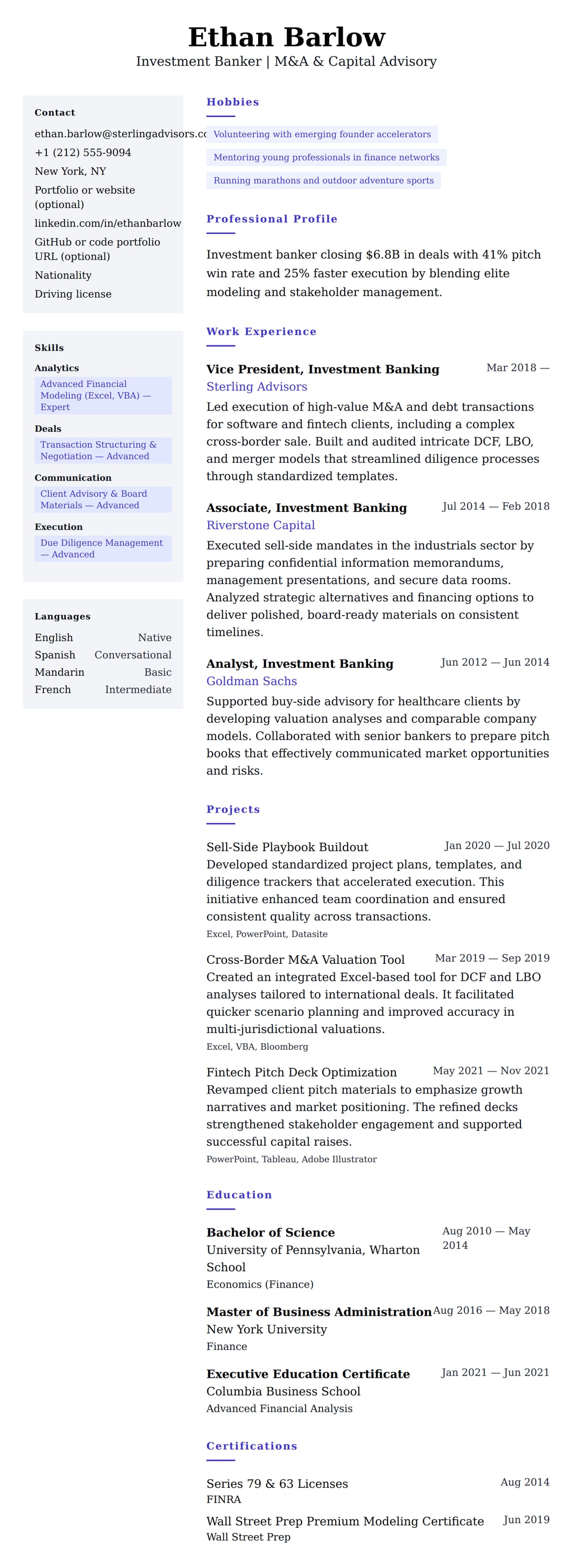 Investment Banker Resume Example