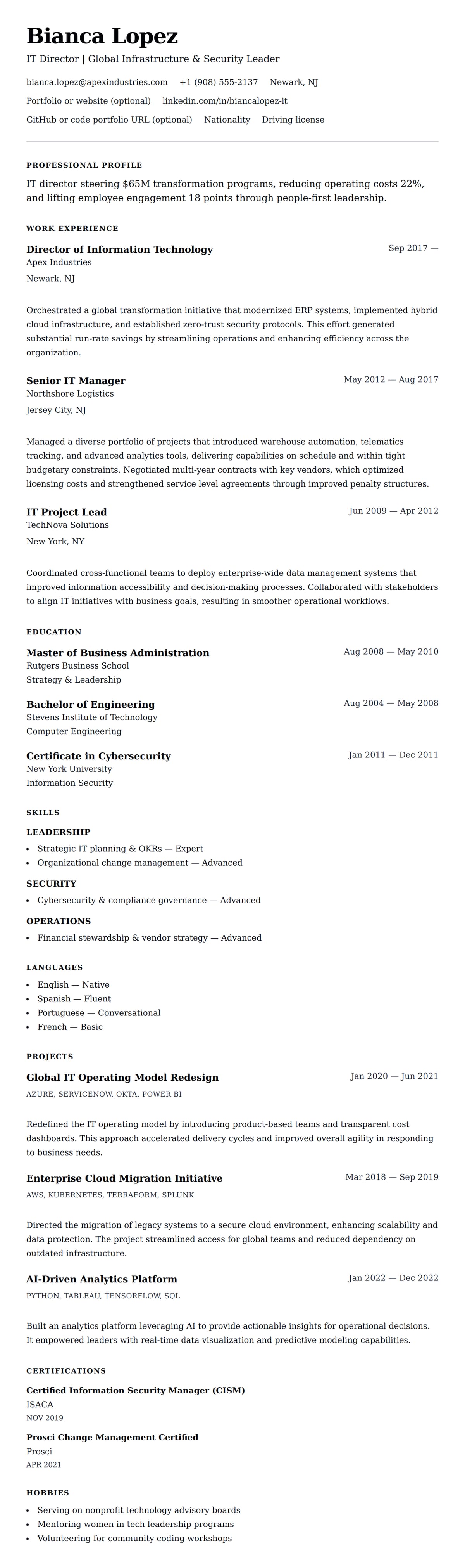 Resume preview for IT Director Resume Example