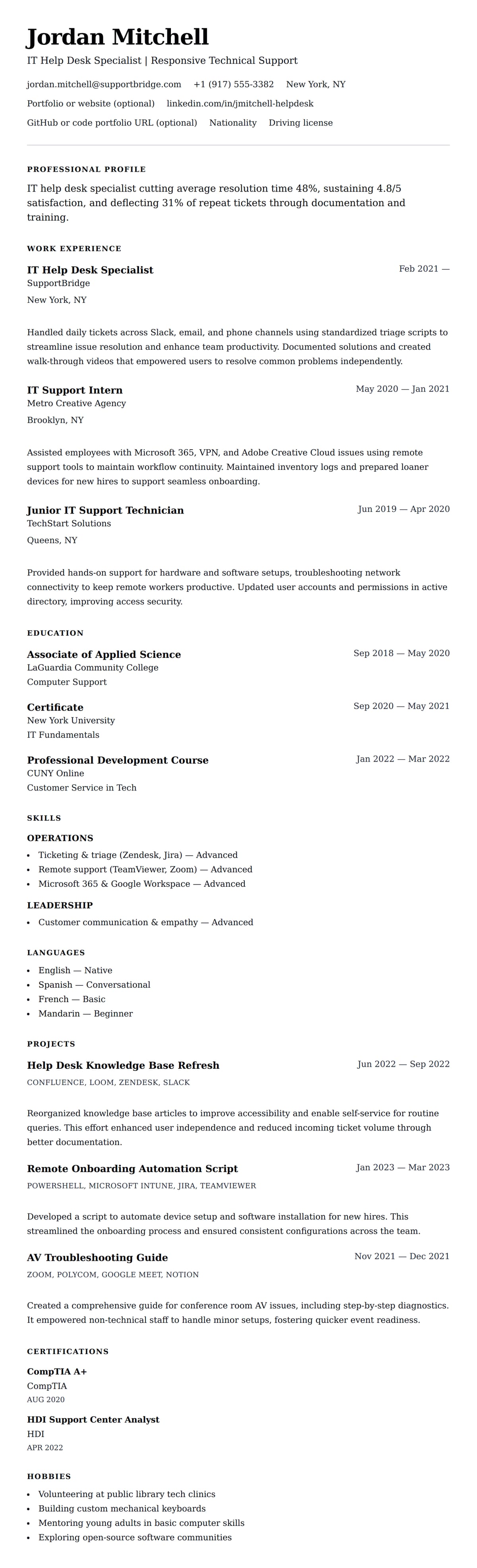 Resume preview for IT Help Desk Resume Example