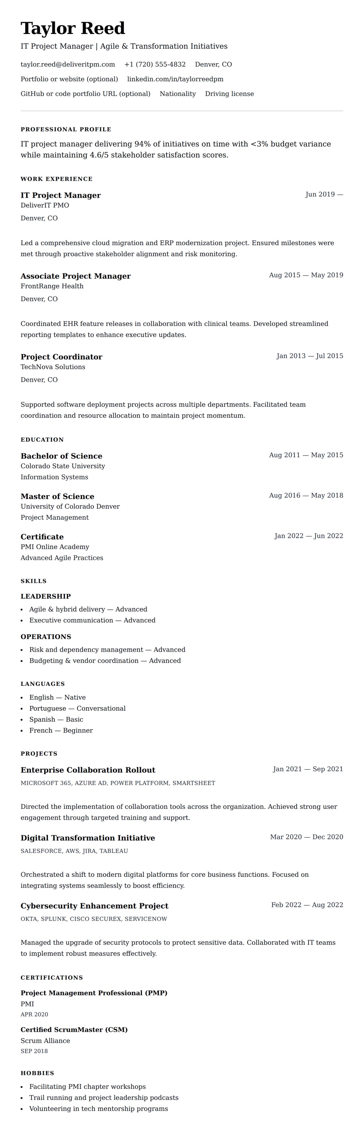 Resume preview for IT Project Manager Resume Example