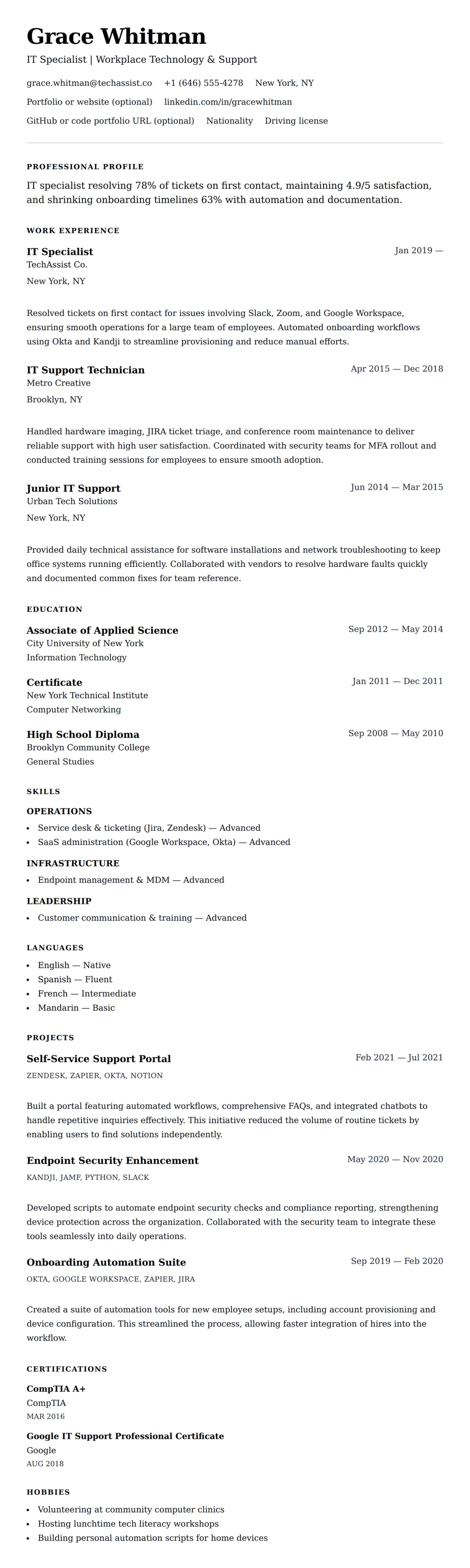 Resume preview for IT Specialist Resume Example