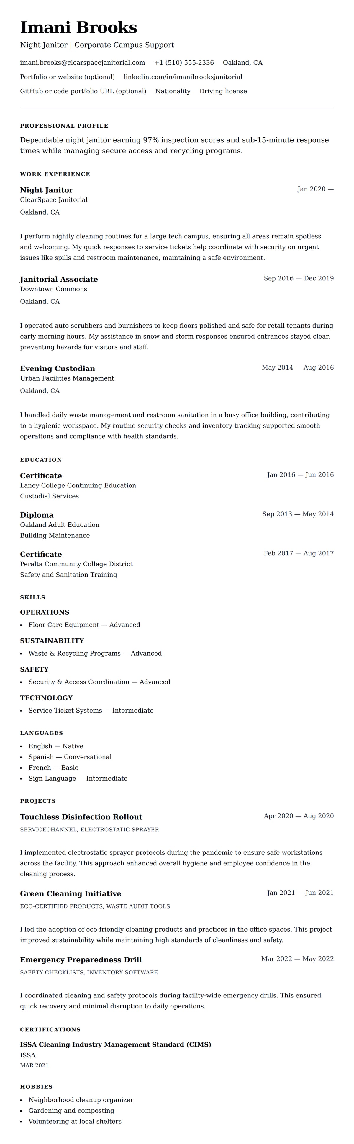 Resume preview for Janitor Resume Example