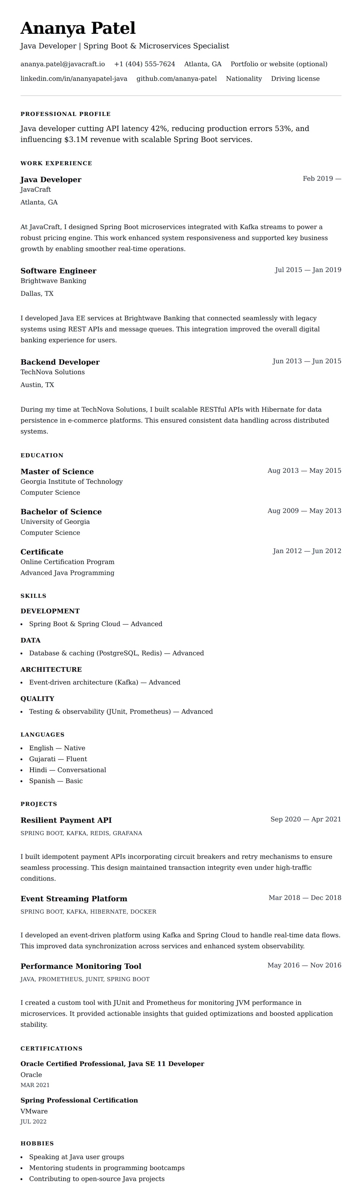 Resume preview for Java Developer Resume Example