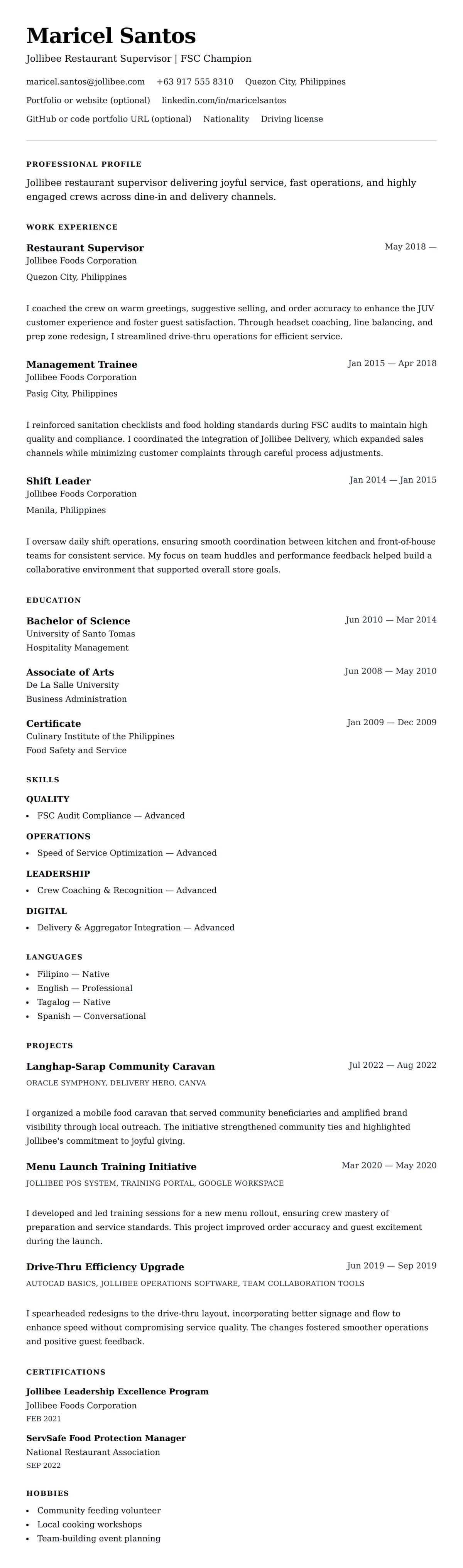 Resume preview for Jollibee Restaurant Supervisor Resume Example