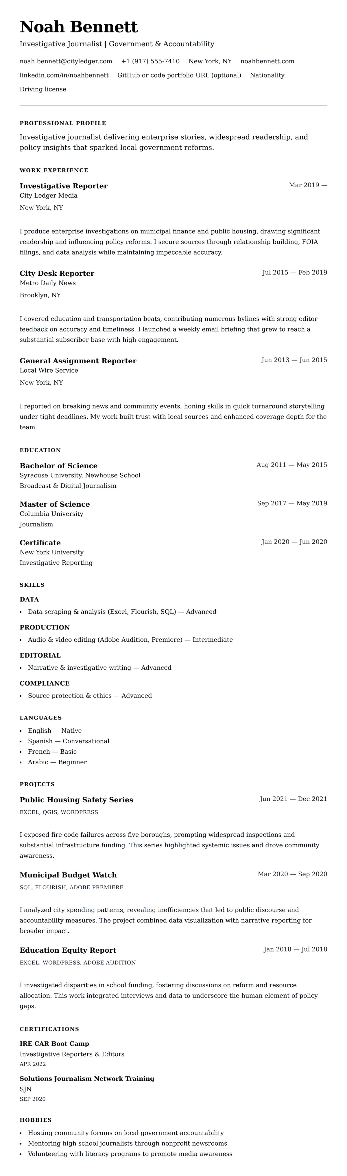 Resume preview for Journalist Resume Example