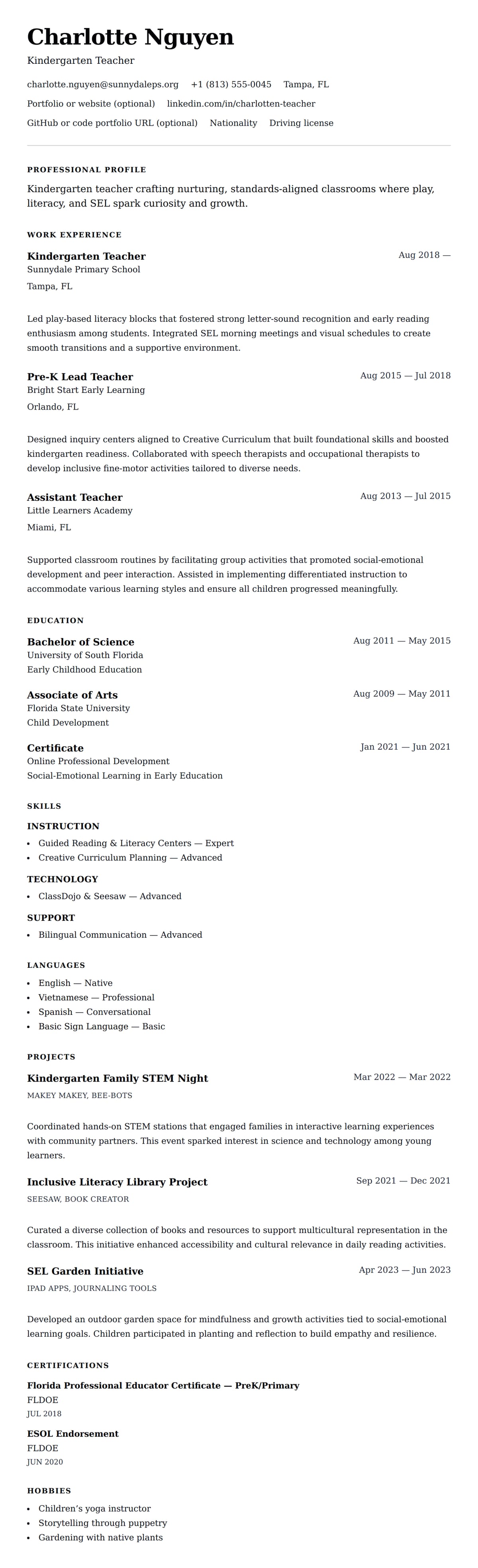 Resume preview for Kindergarten Teacher Resume Example