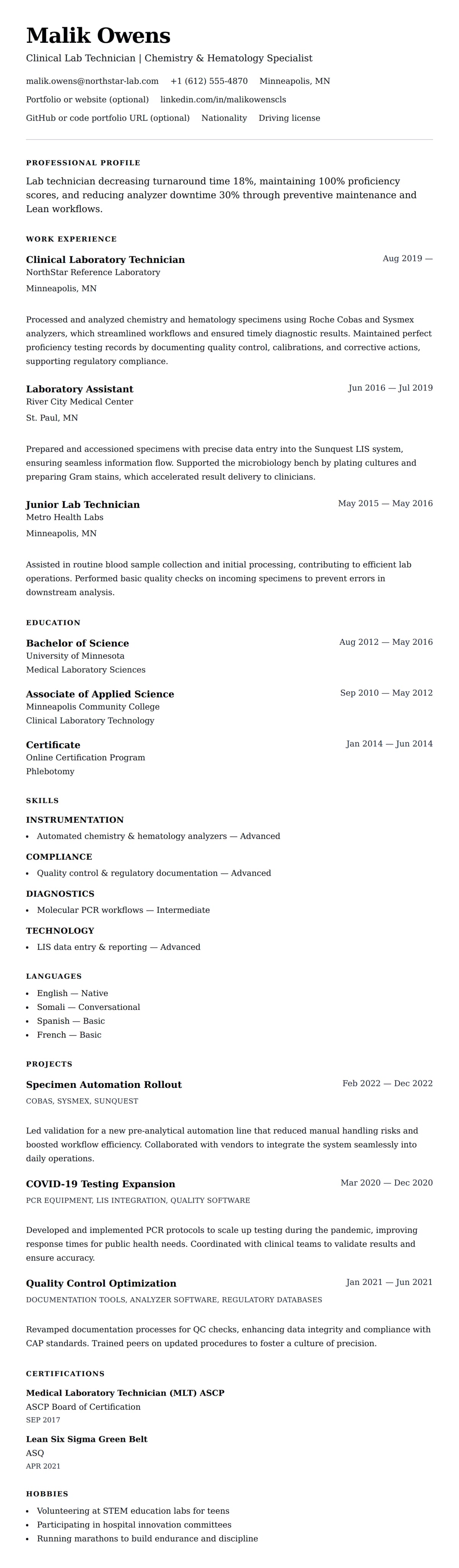 Resume preview for Lab Technician Resume Example