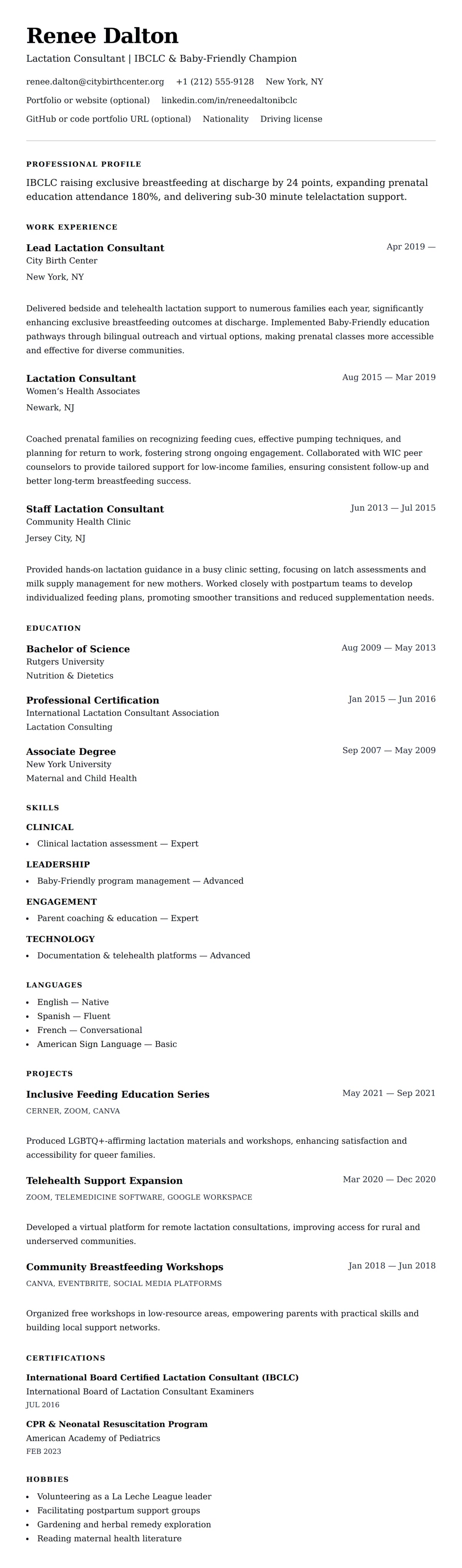 Resume preview for Lactation Consultant Resume Example