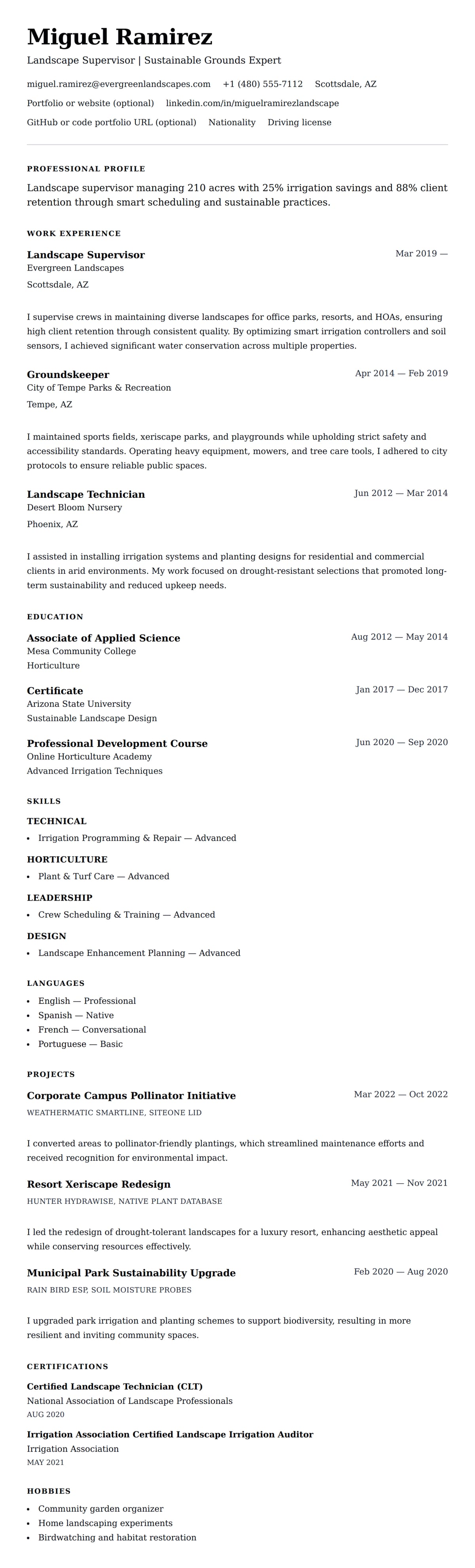 Resume preview for Landscaping Resume Example