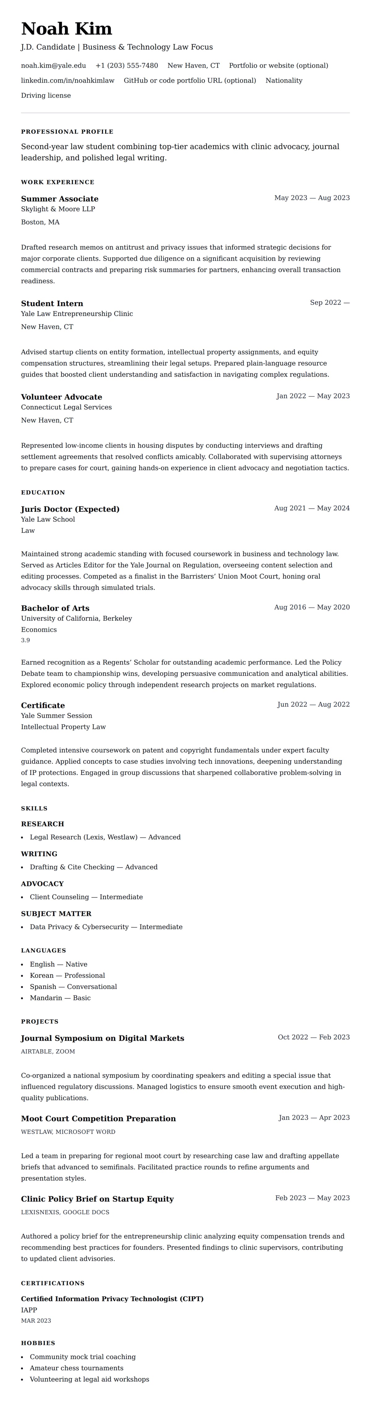 Resume preview for Law School Student Resume Example