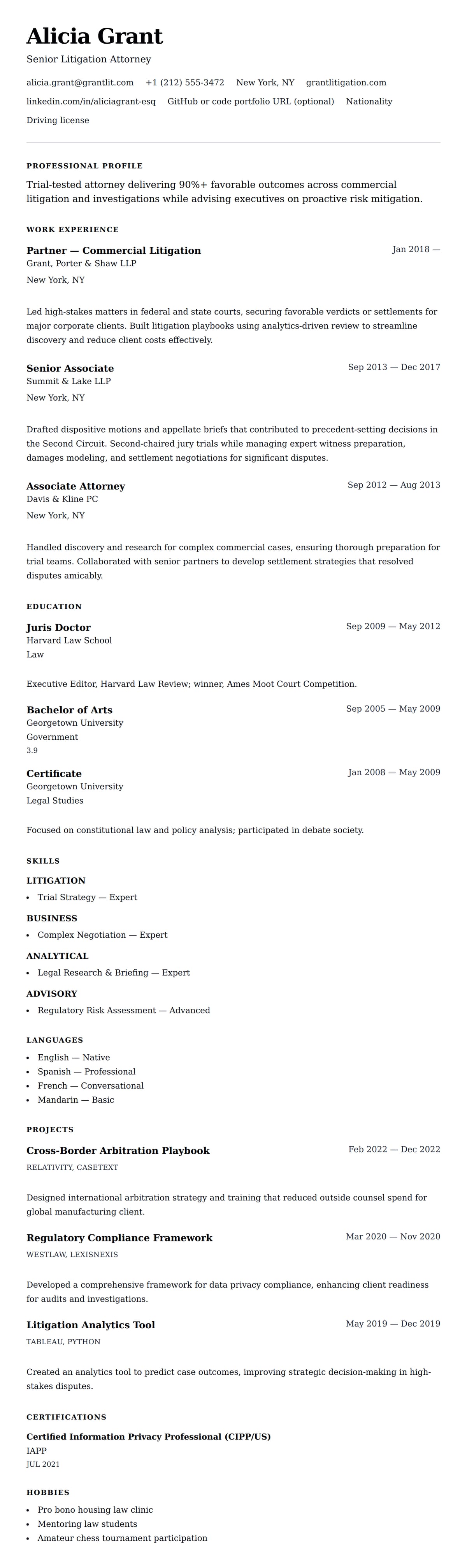 Resume preview for Lawyer Resume Example