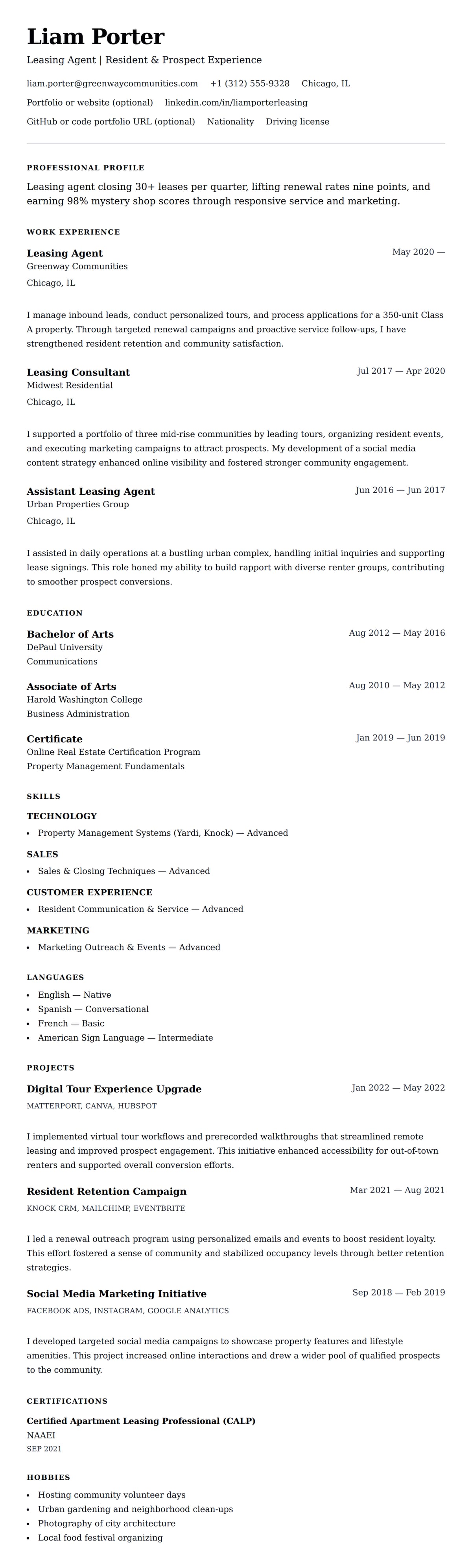 Resume preview for Leasing Agent Resume Example