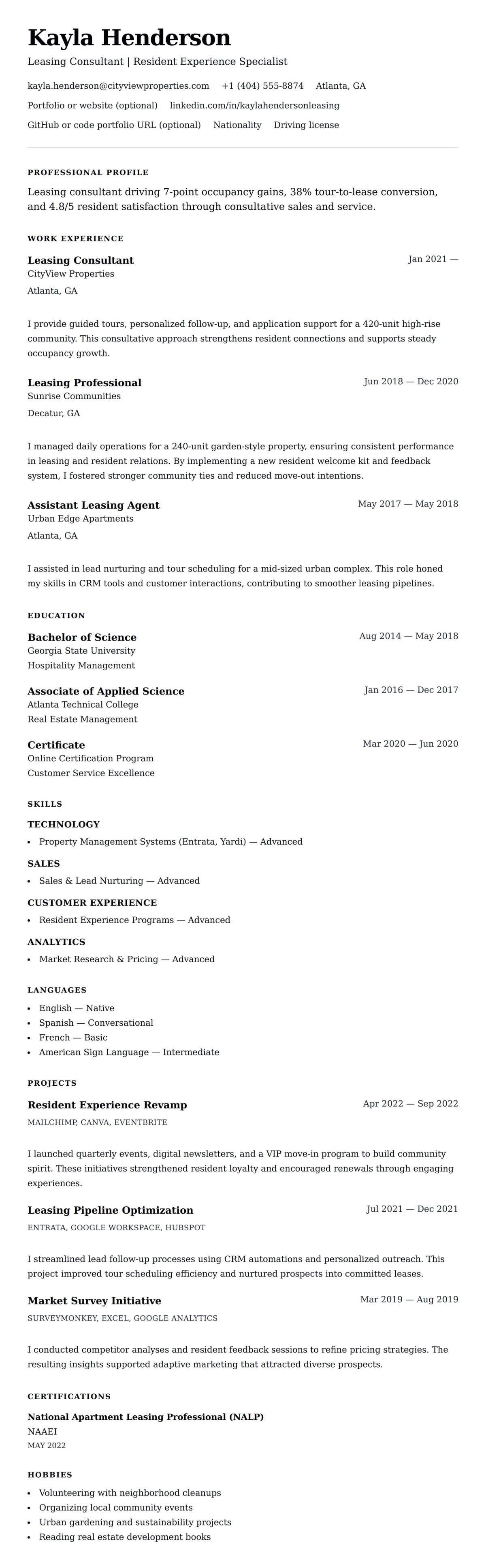 Resume preview for Leasing Consultant Resume Example