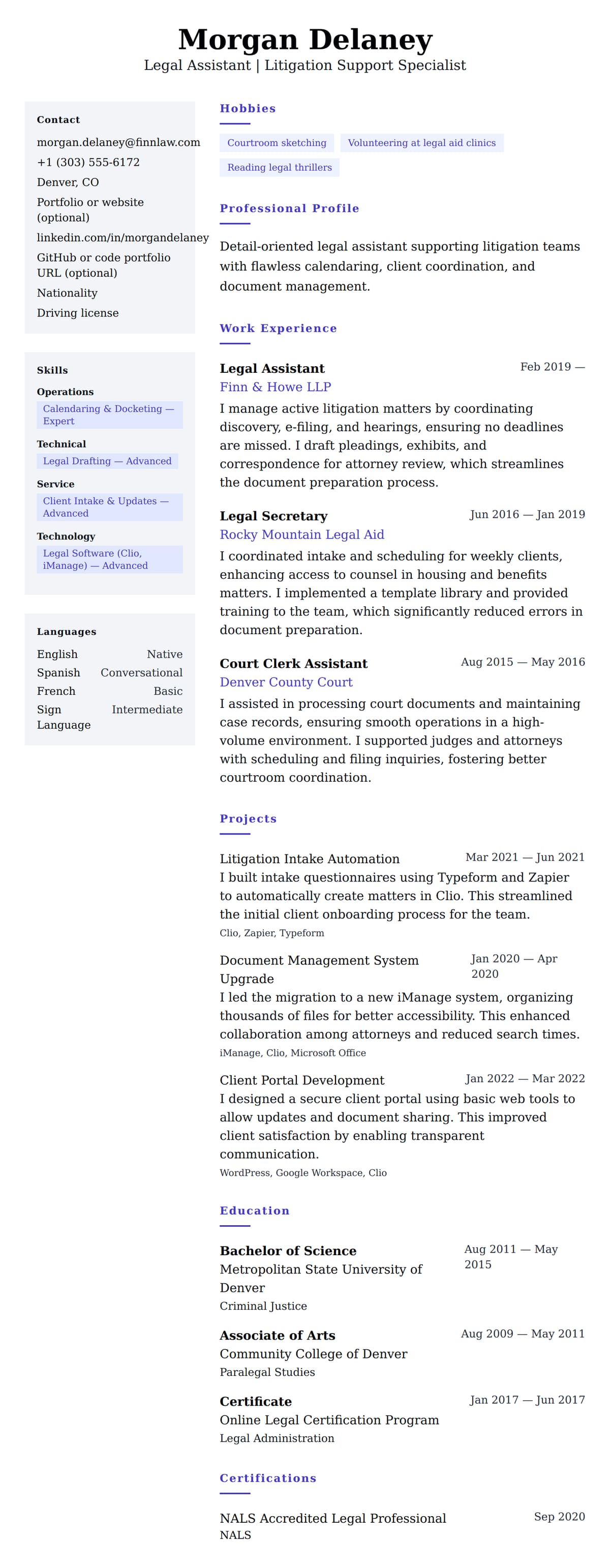 Resume preview for Legal Assistant Resume Example