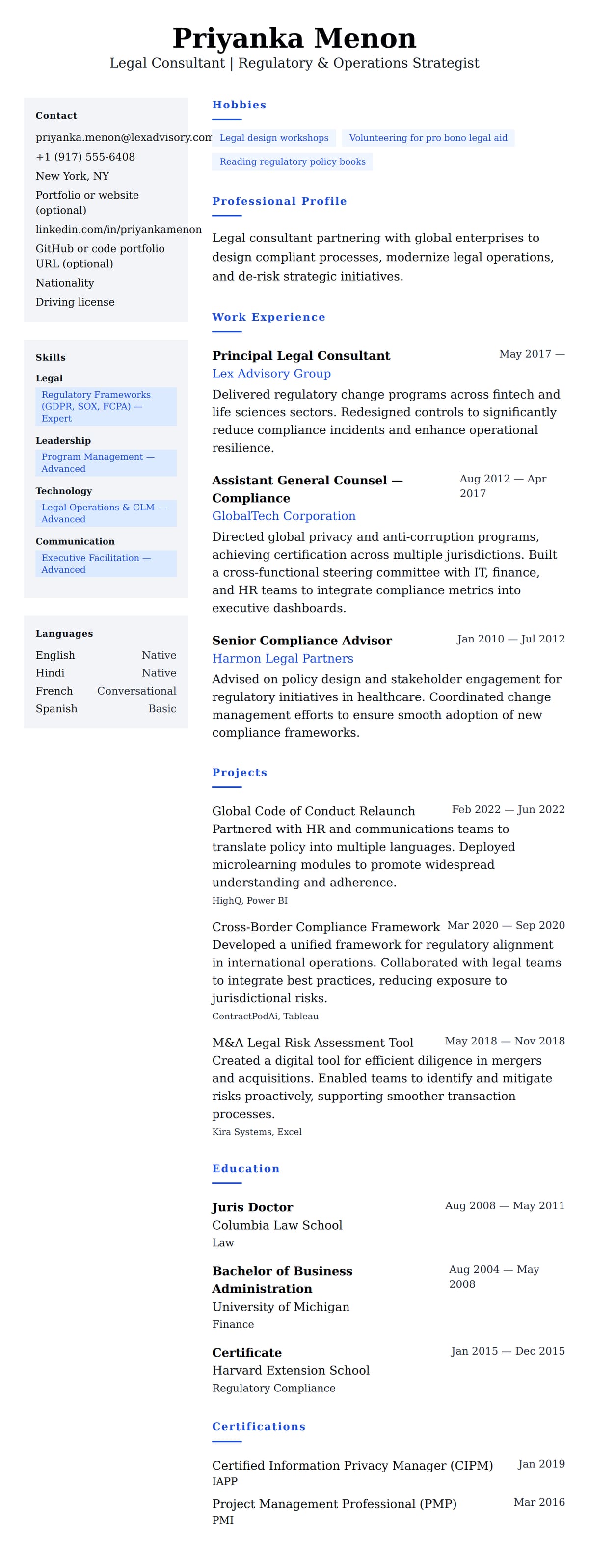 Resume preview for Legal Consultant Resume Example