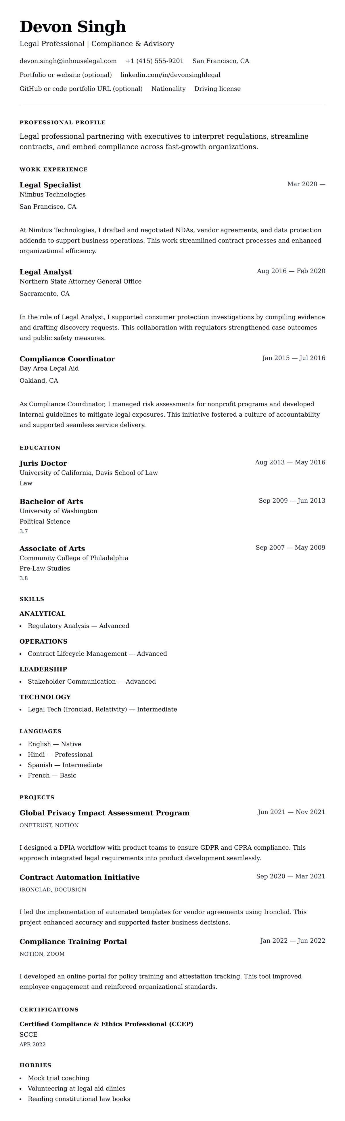 Resume preview for Legal Professional Resume Example