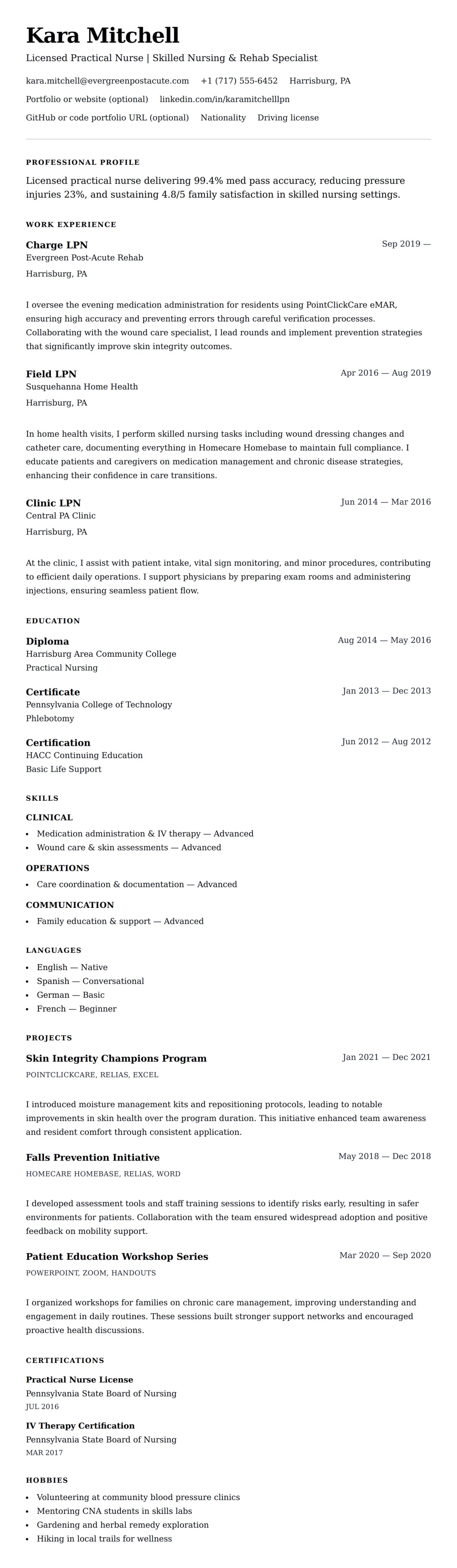 Resume preview for Licensed Practical Nurse (LPN) Resume Example