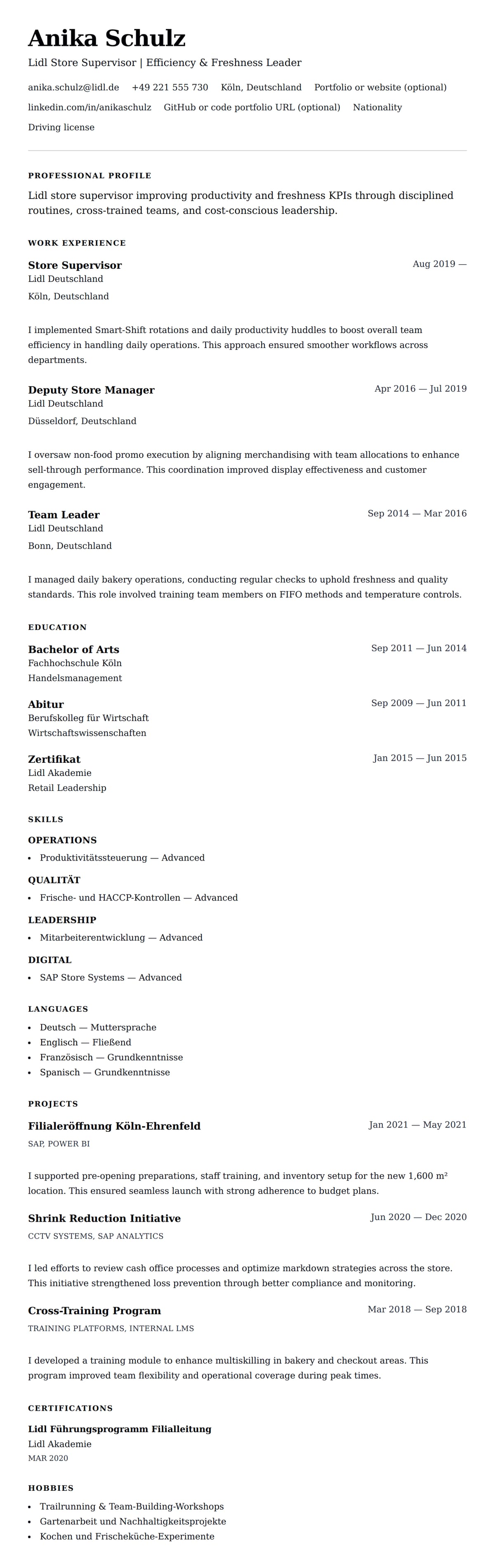 Resume preview for Lidl Store Supervisor Resume Example