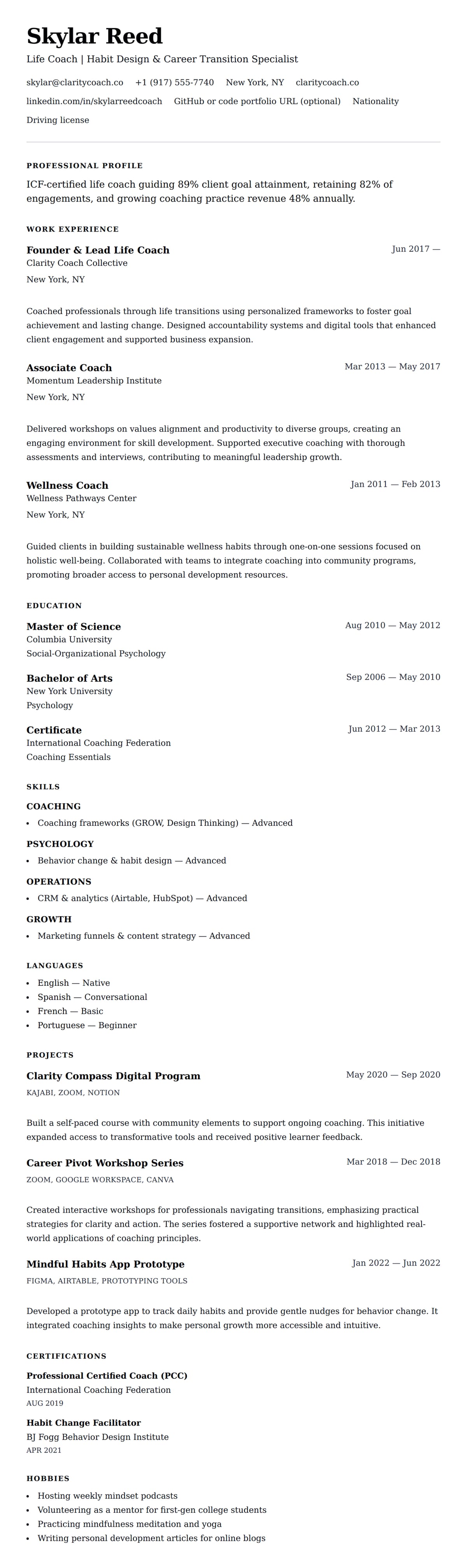 Resume preview for Life Coach Resume Example