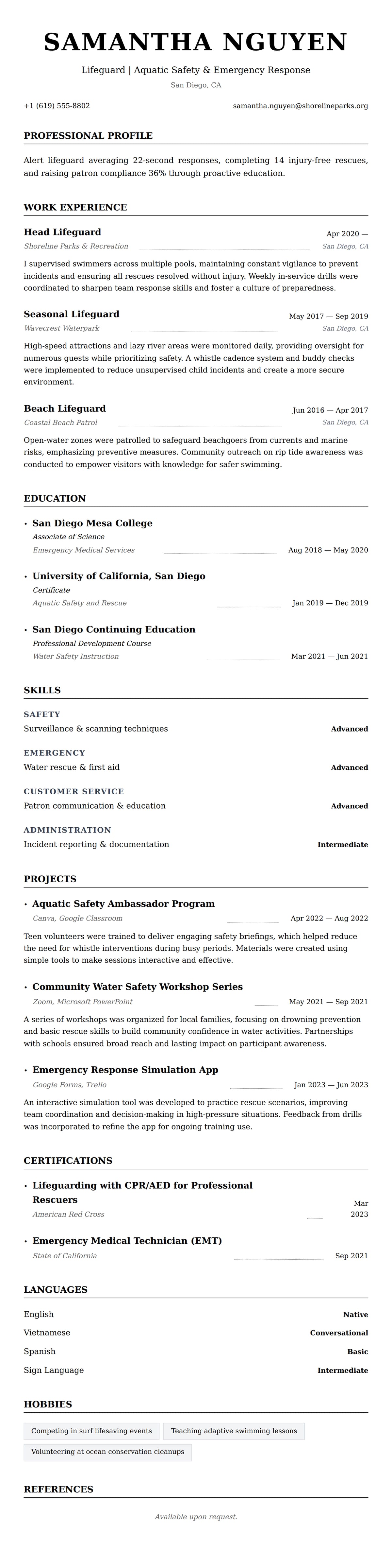 Resume preview for Lifeguard Resume Example