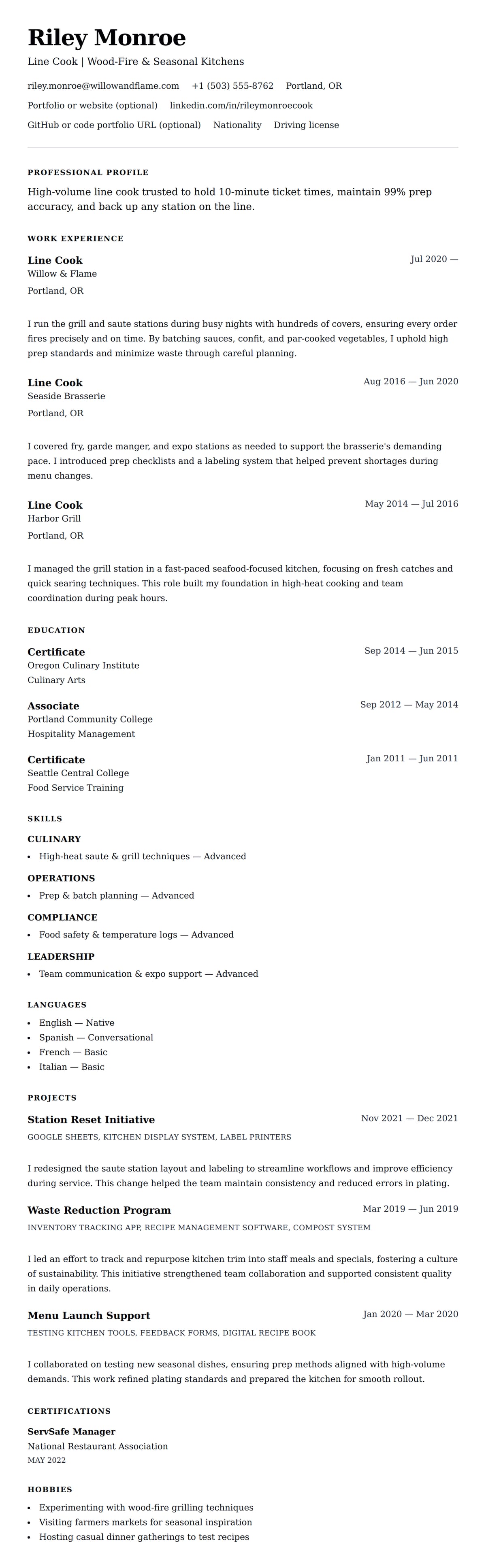 Resume preview for Line Cook Resume Example