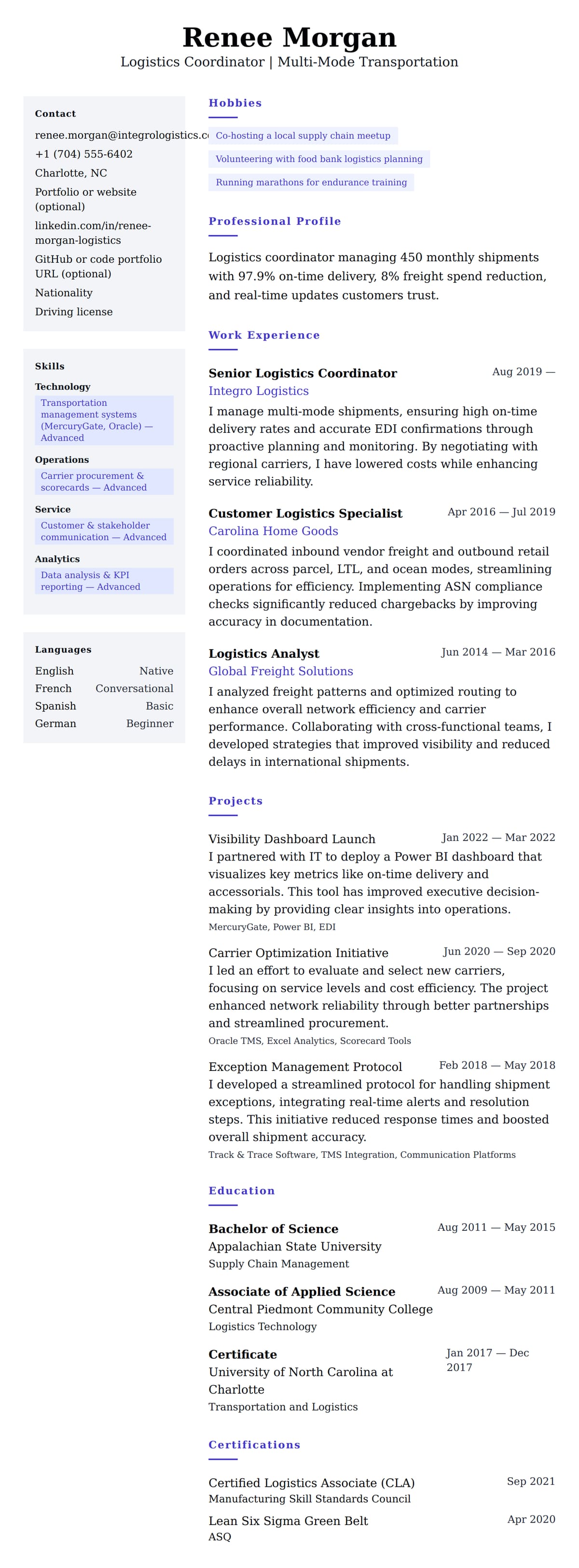 Resume preview for Logistics Coordinator Resume Example