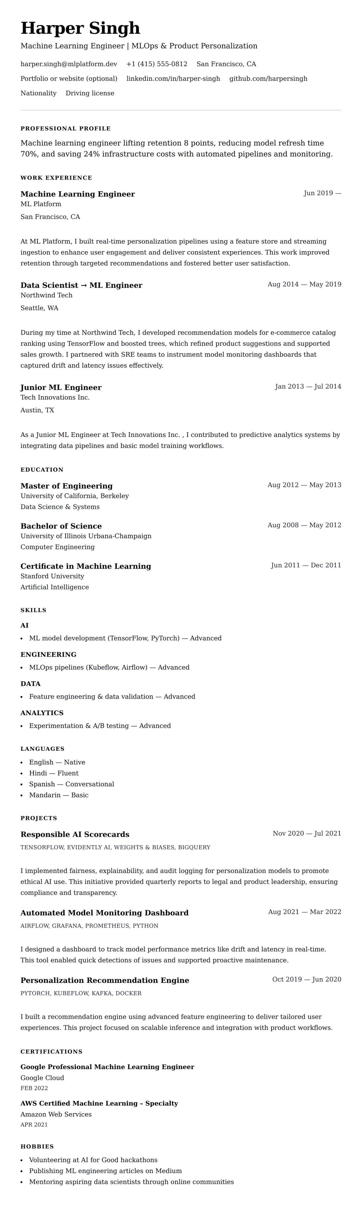 Resume preview for Machine Learning Engineer Resume Example